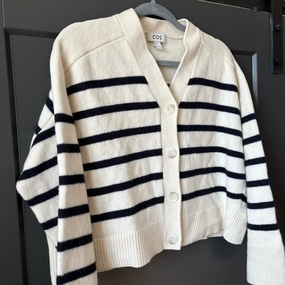COS Women's Cardigan Sweater - Cream and Black Stripes - Picture 3 of 7